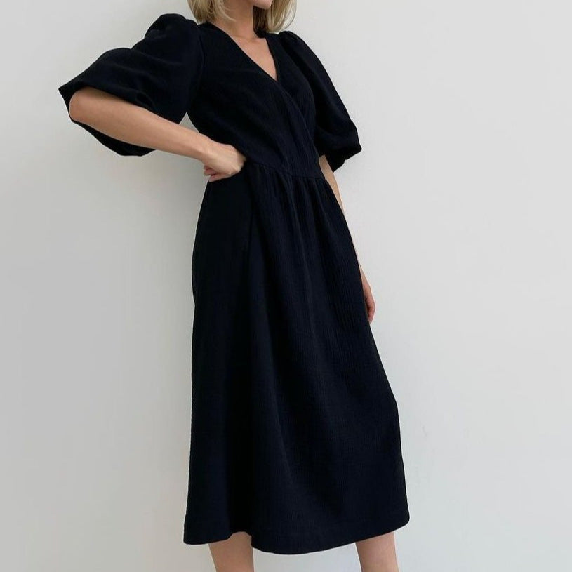 Sweet Atmosphere Solid Color Cotton Dress with Puff Sleeves