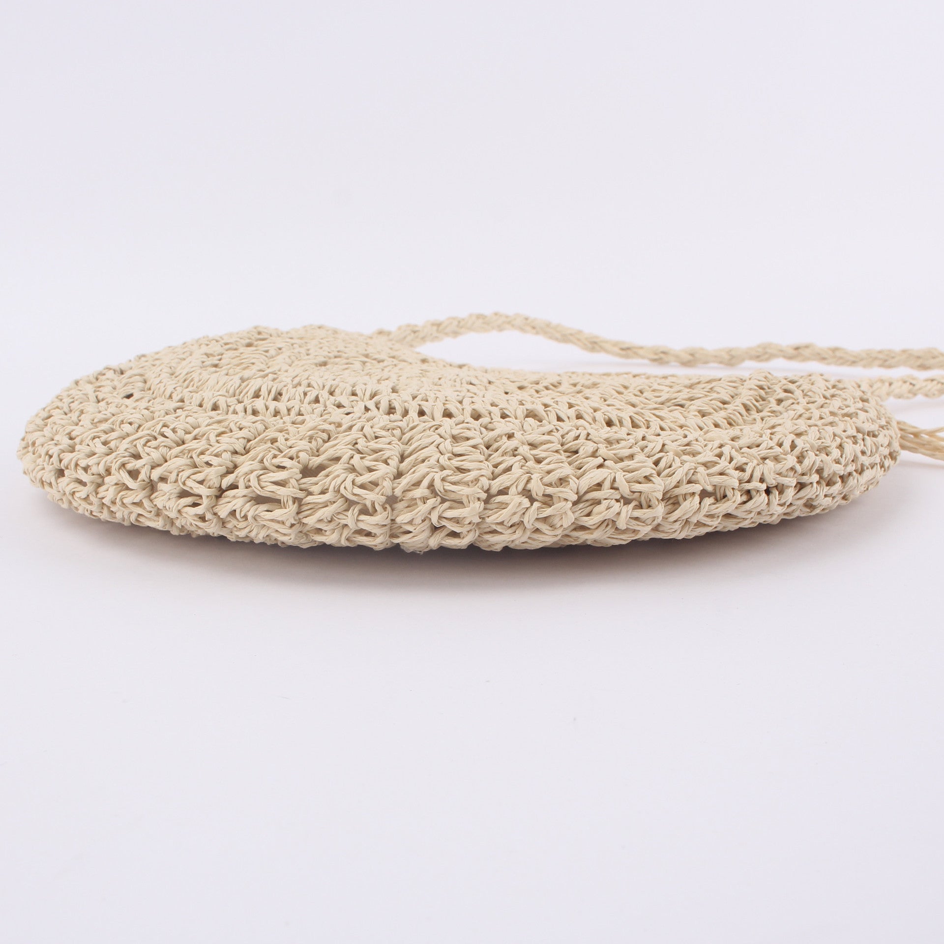Sac bandoulière rond tressé en paille avec pompon, crocheté à la main pour femme, 26x23cm