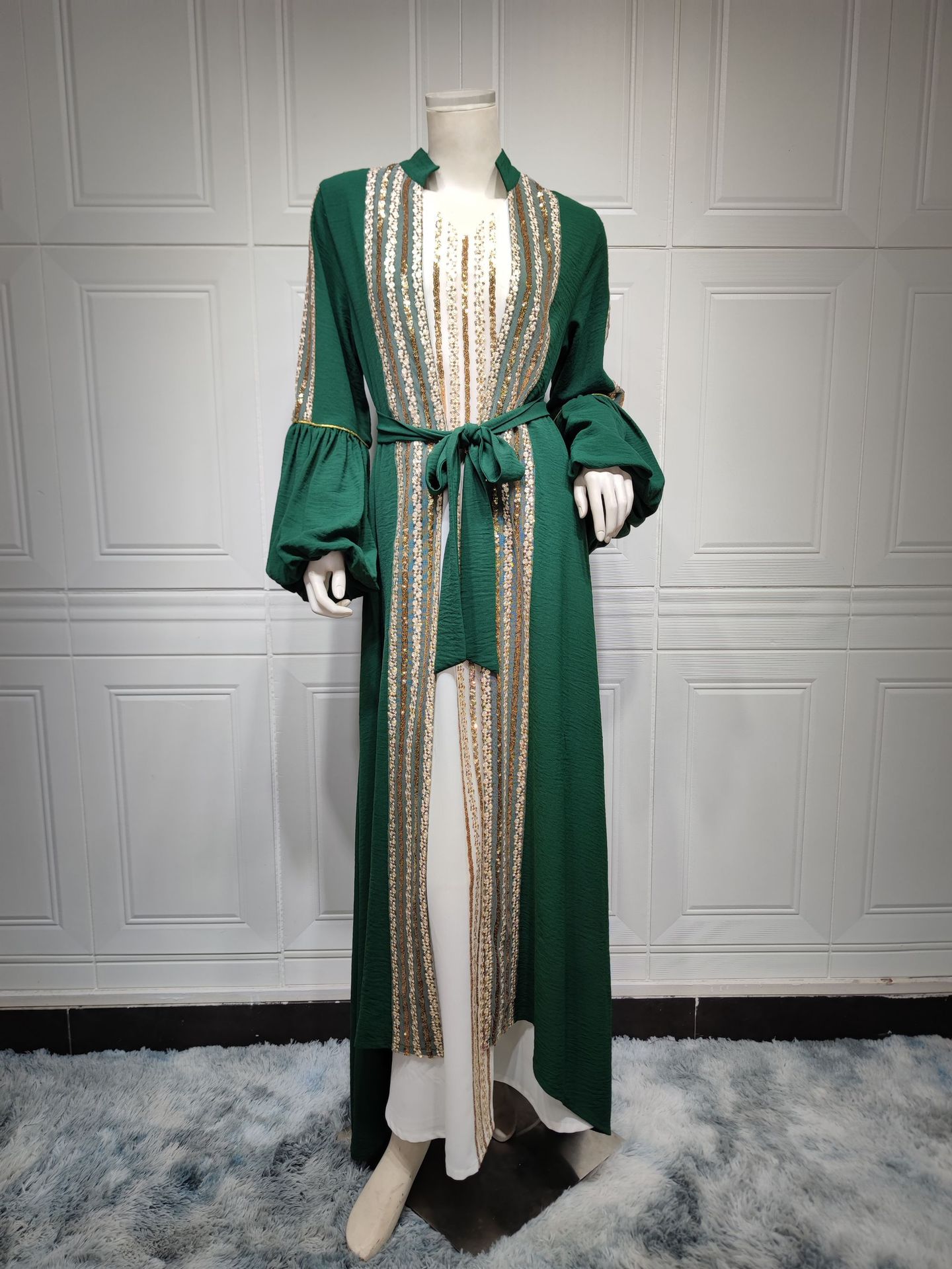 Sequin Embroidered Two-Piece Puff Sleeve Arabian Gulf Dress in Ice Silk