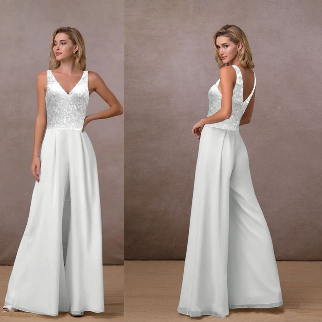 Women's White Mid-Waist Sleeveless V-Neck Wide-Leg Chiffon Jumpsuit