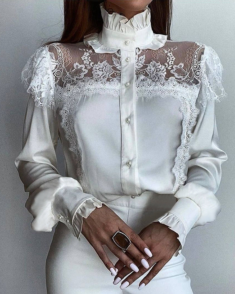 Chemise Femme en Modal à Manches Longues avec Coutures en Dentelle Blanche et Liseré