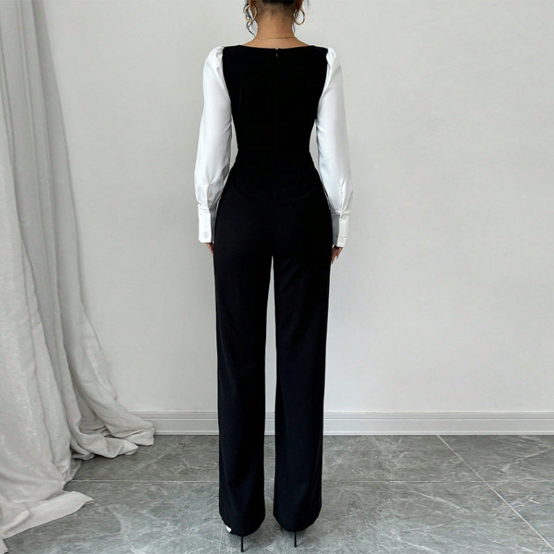 Combinaison pantalon bicolore noir et blanc à manches longues