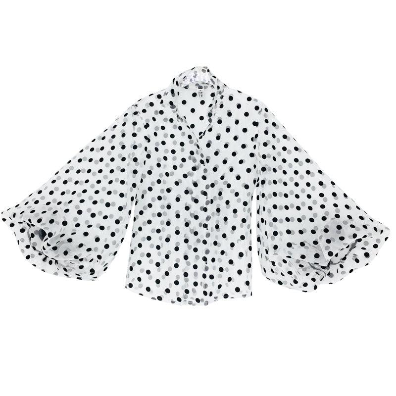 Women’s White Organza Polka Dot Lantern Sleeve Shirt