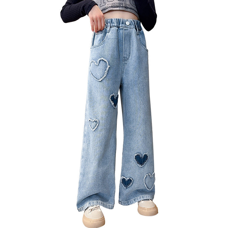 Girls' Blue Raw Edge Denim Wide-Leg Pants