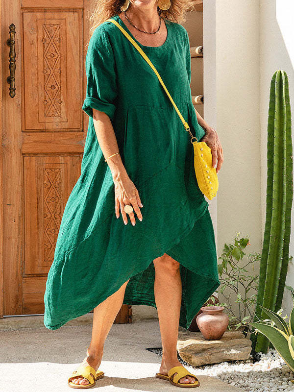 Women’s Green Cotton Linen Maxi Dress Summer Loose Casual Pocket Robe