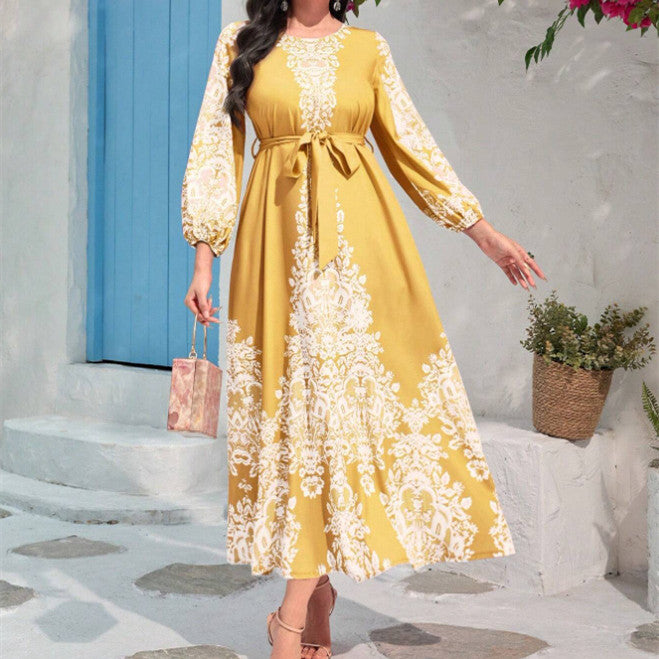 Women's Autumn Retro Printed Western Style Bubble Sleeve Arabian Women’s Chic Gentle Long Dress