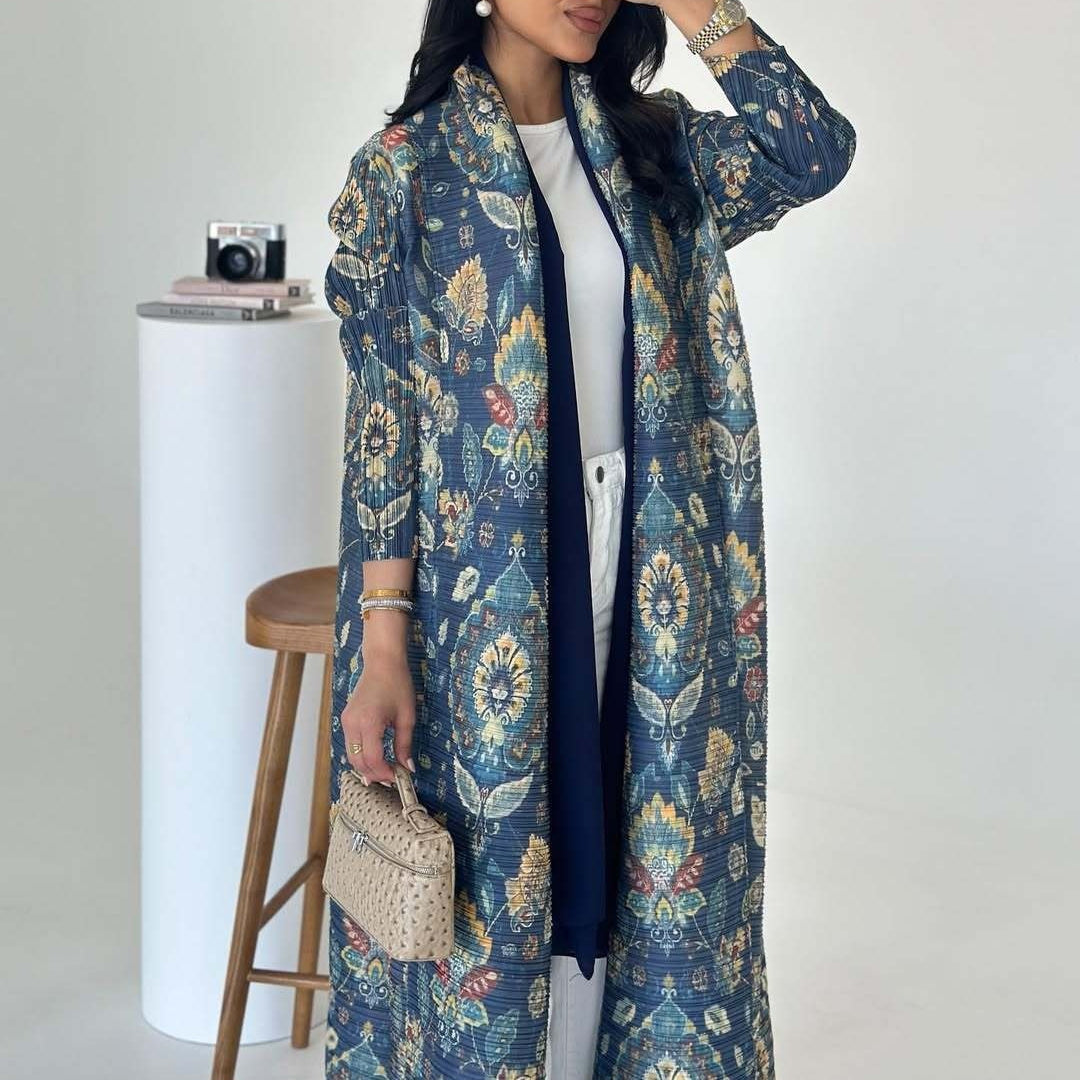 Pleated Trench Djellaba Printed Shawl Cardigan Ethnic Cloak Coat for Middle East Women