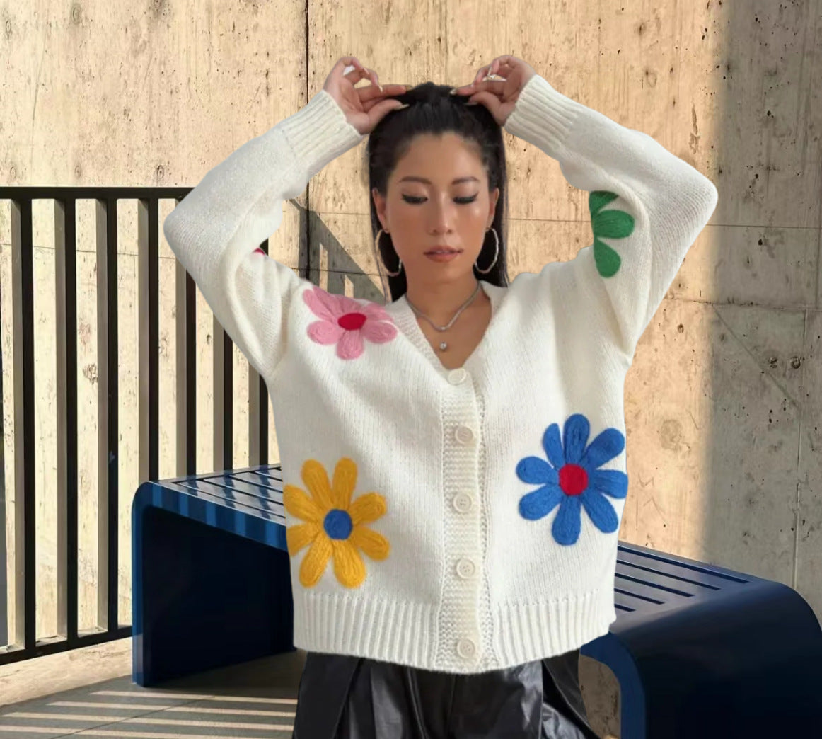 European And American Color Little Flower Thick Sweet Cute Sweater Coat