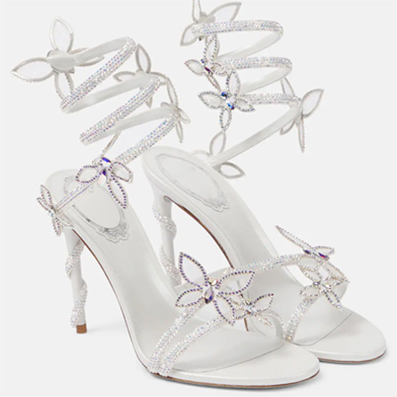 Snake Butterfly Rhinestone Flower Roman Stiletto Heels