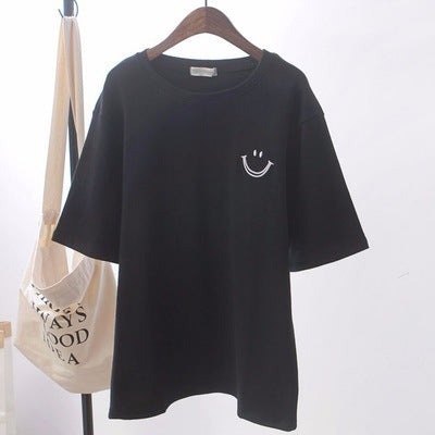 Smiley Face Round Neck Short-sleeved T-shirt Women Loose Slimming Top