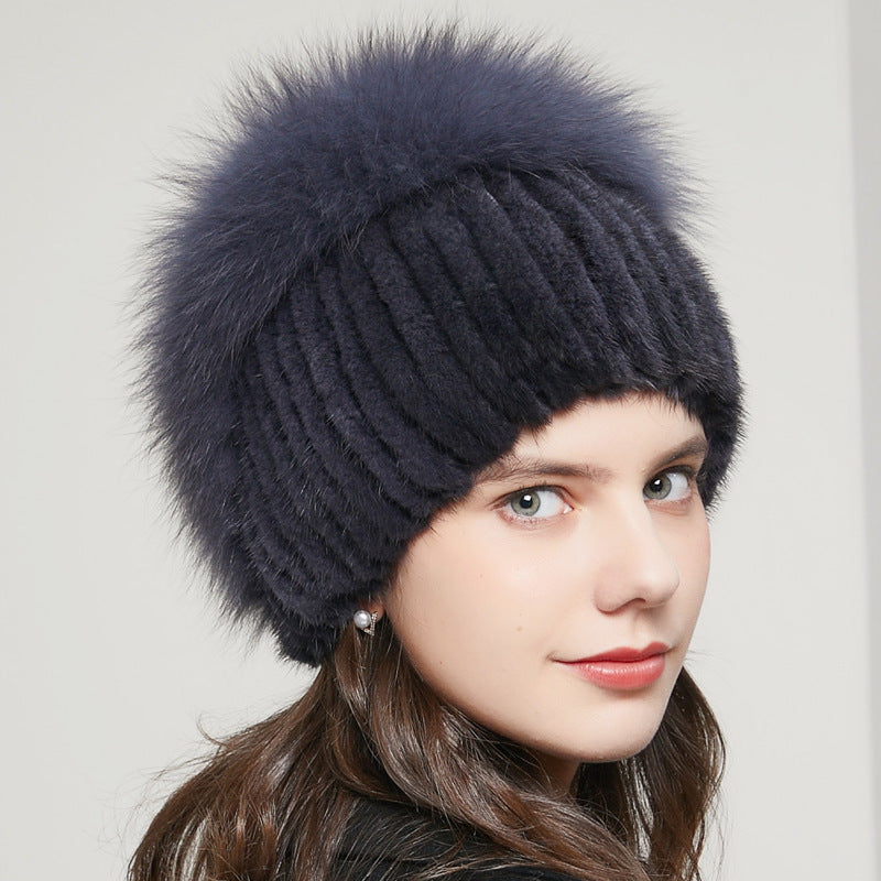 Bonnet d'hiver chaud en fourrure de renard avec strass et tricot extensible pour femme