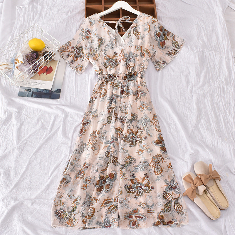 French V-neck dress short sleeve