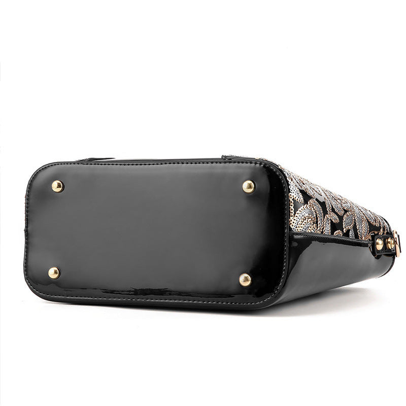 Black Embroidered bright leather shoulder bag
