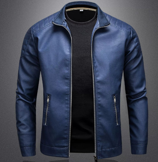 Men's Thin Leather Motorcycle Jacket with Stand Collar and Zipper Front
