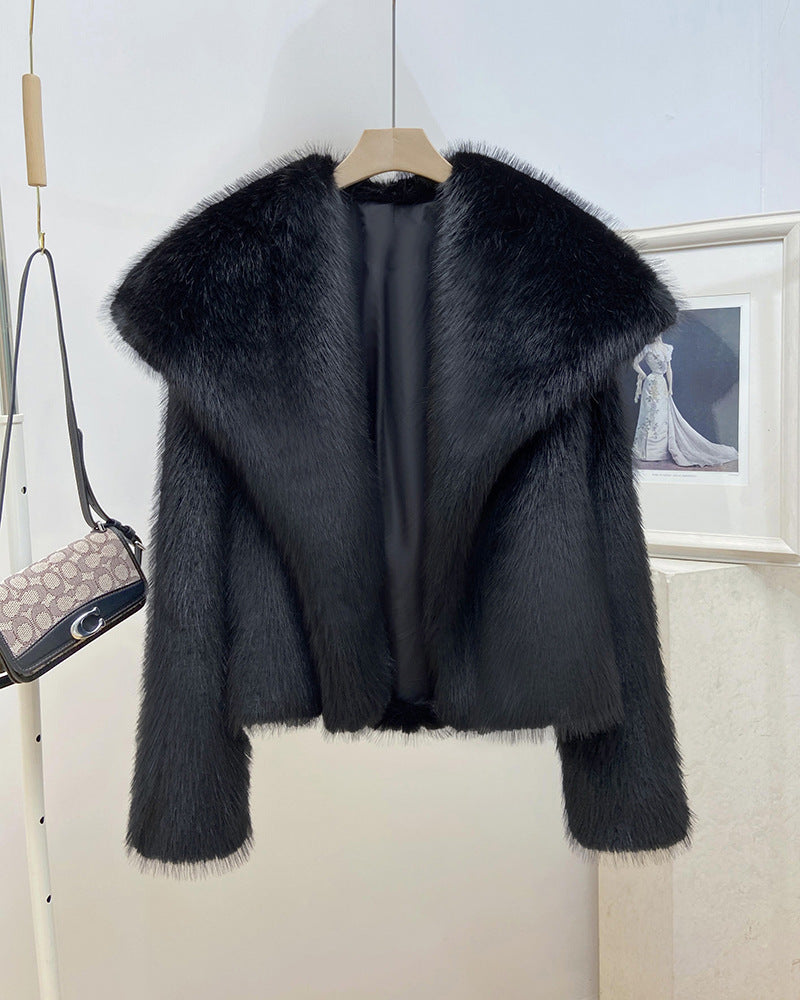 Women's Elegant Large Lapel Faux Fur Warm Coat in Black & Rice Apricot, Sizes S-XL