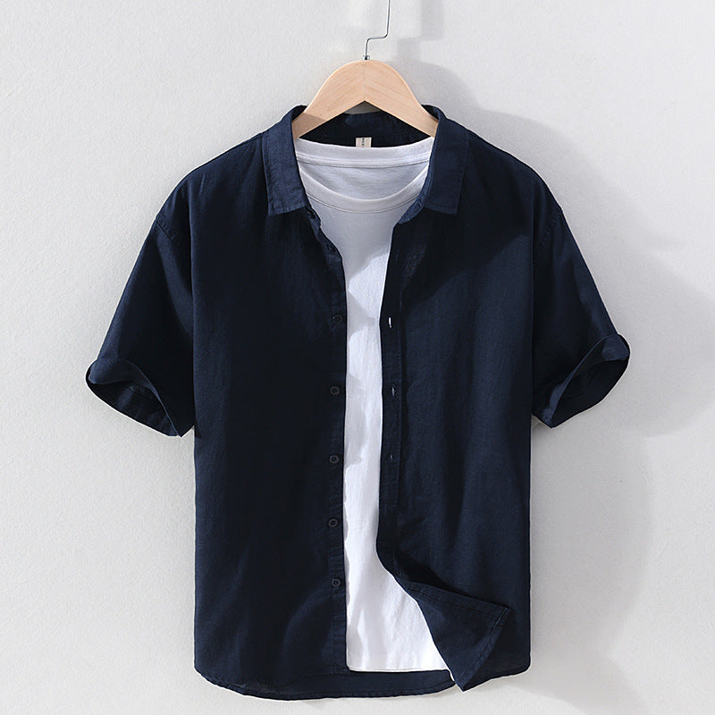 Chemise Homme Coton Lin Manches Courtes Col Carré Coupe Ajustée