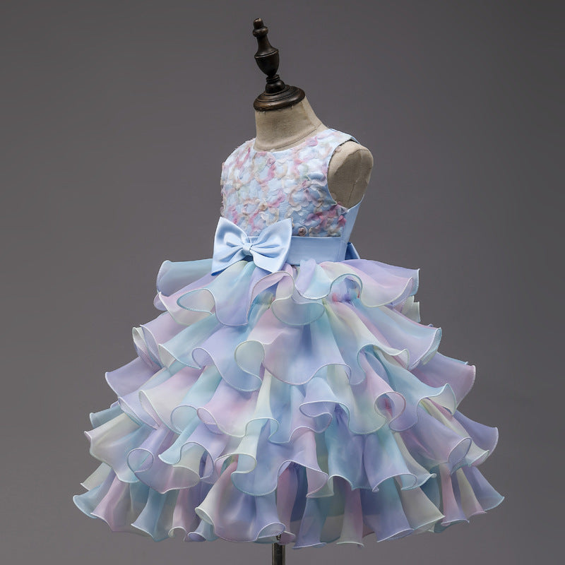 Children's Casual Princess Bow Dress in Pink, Blue, and Bean Paste