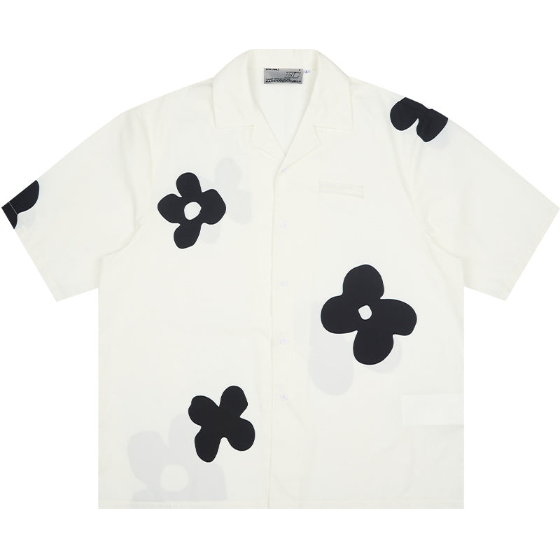 Vintage Hand Drawn Silhouette Floral Cuban Collar Short Sleeve Shirt