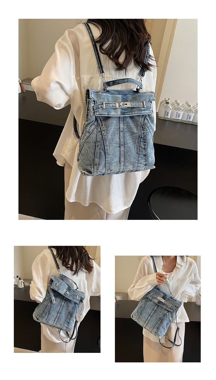Sac à dos en jean délavé style rétro avec design à la simplicité urbaine