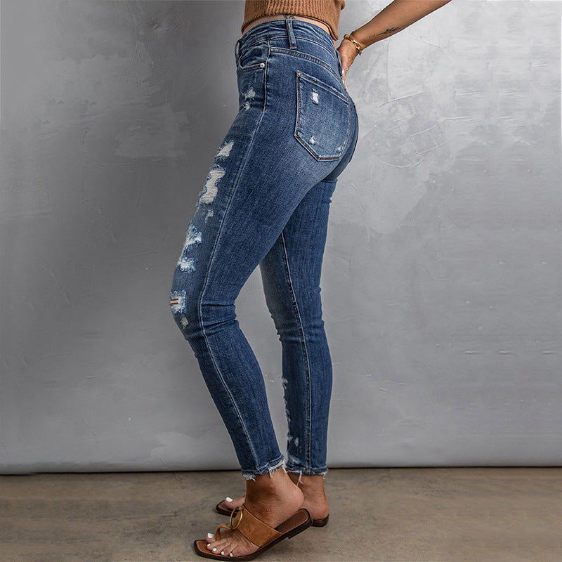 Jean taille haute décontracté et ajusté pour femme, effet vieilli, bleu foncé