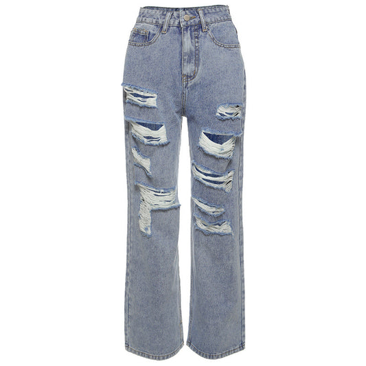 European and American Street Ripped Jeans Women Light Color High Waist