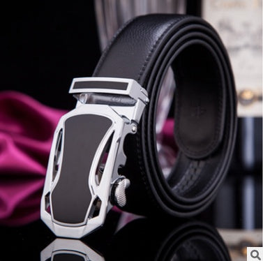 Men's Leather Automatic Buckle Belt 3.55CM Wide with Gold Buckle Head