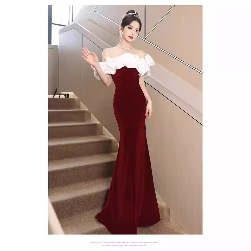 Robe de soirée française pour femmes, style épaules dénudées, en noir et rouge, tailles S-2XL