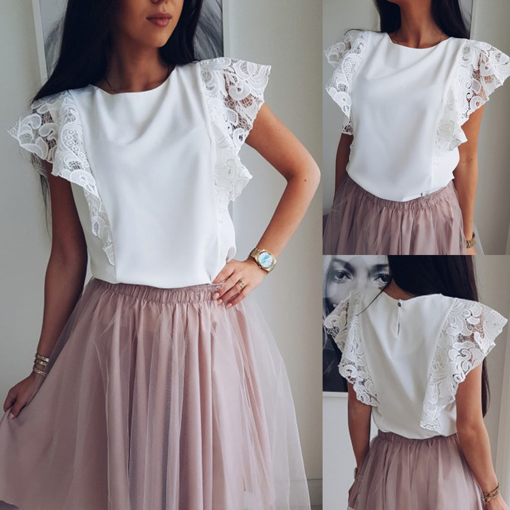 European & American Ladies Cotton Lace Short Sleeve Shirts
