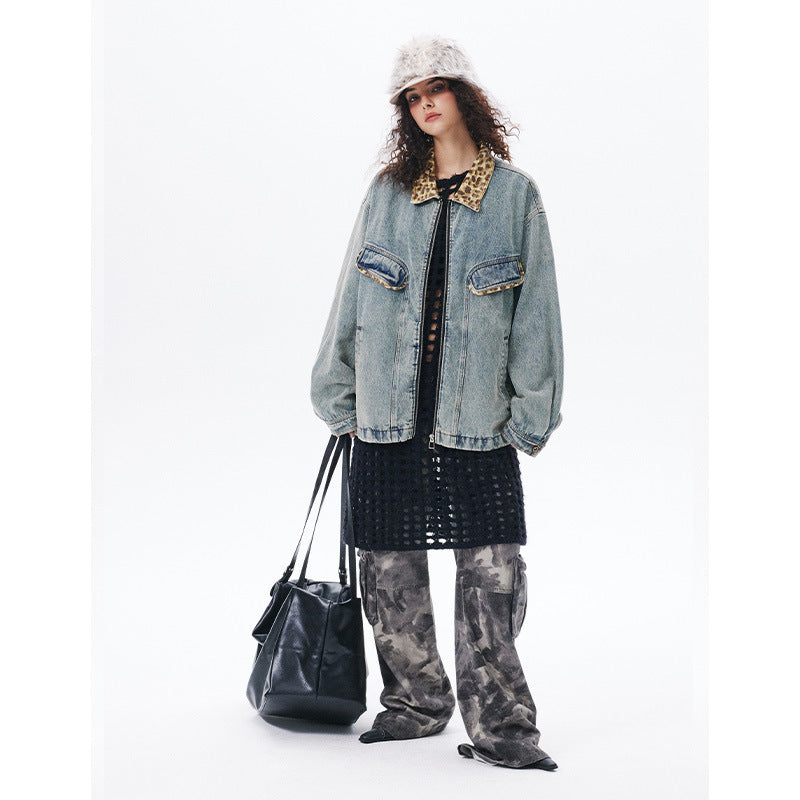American Retro Washed Denim Jacket with Leopard Print Lapel