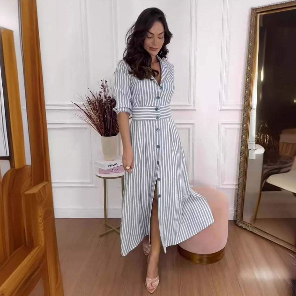 Élégante chemise longue rayée de style européen et américain avec une touche de tempérament