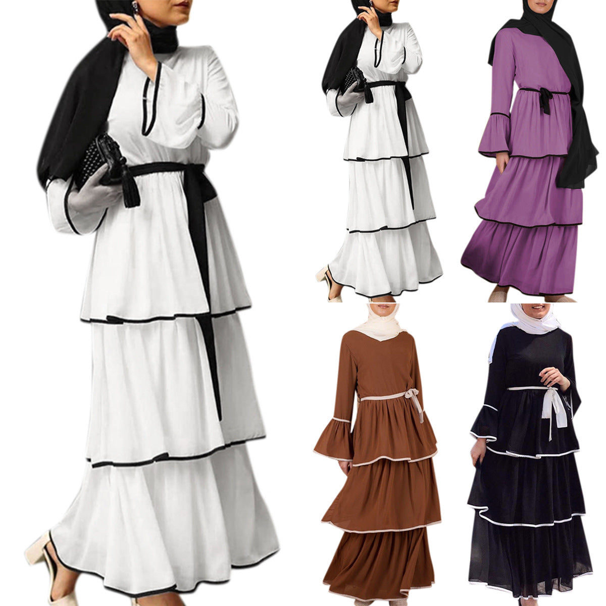 Robe Musulmane Turque Jupe Longue Col Rond Manches Trompette avec Foulard