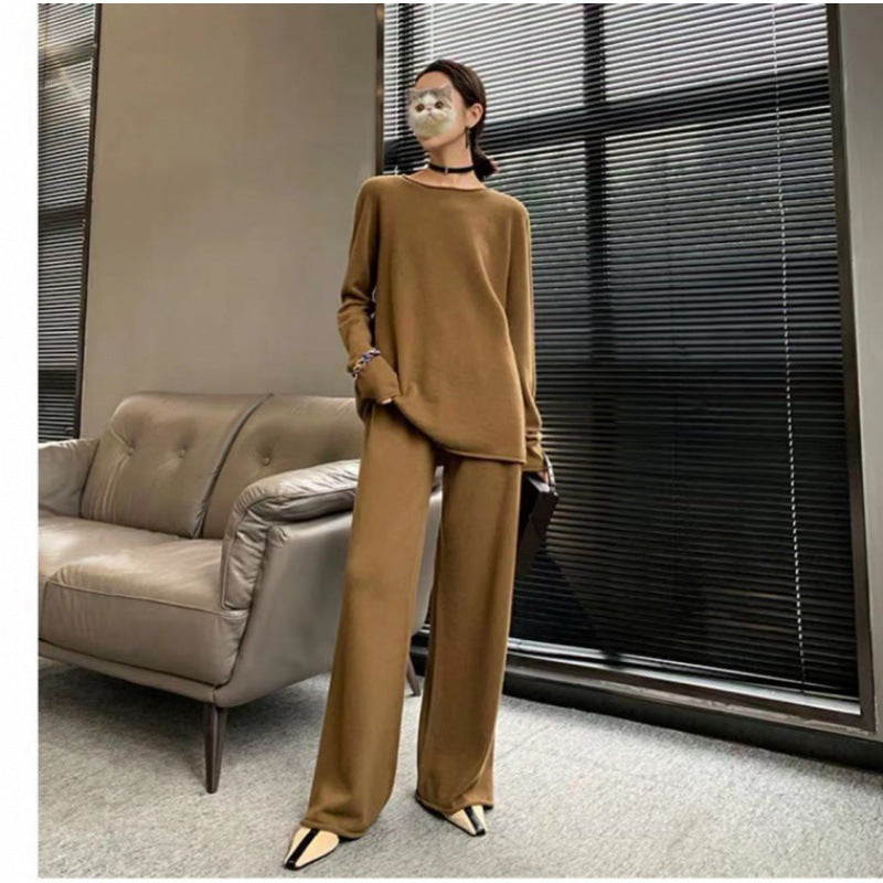 Ensemble deux pièces en maille de laine avec pull et pantalon large Noir, Marron, Beige