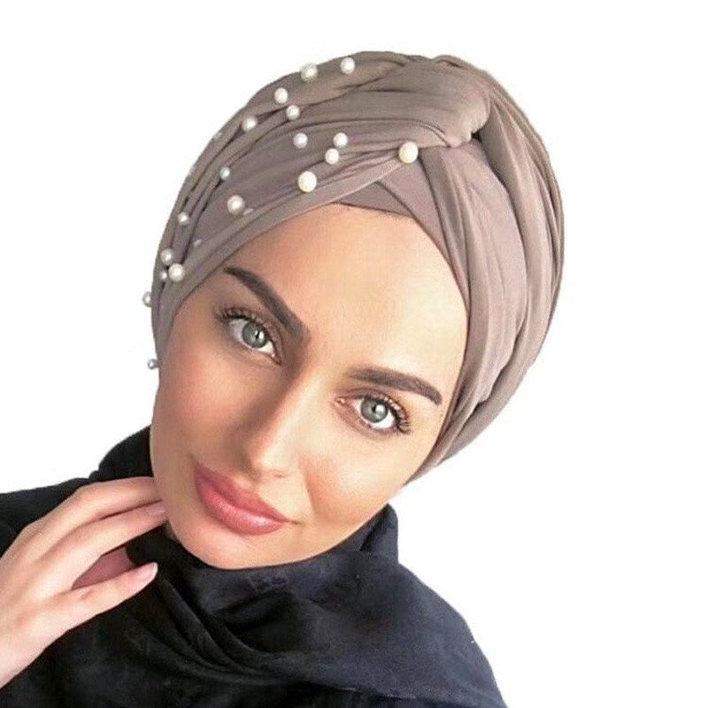 Turban tricoté en coton musulman avec des perles cloutées pour le printemps, l'automne, l'hiver