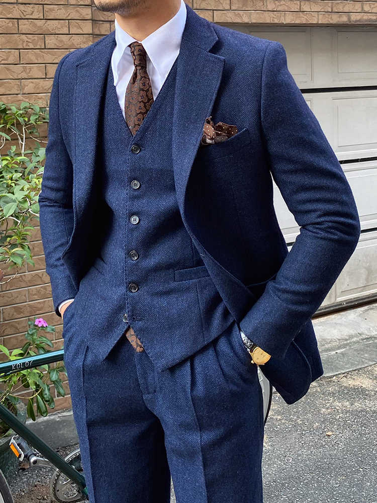 Retro Herringbone Wool Slim Fit Men's Winter Suit Set