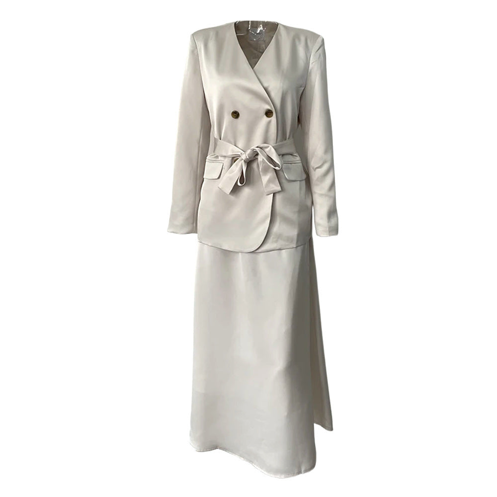 Double Breasted Women's Suit Jacket and Skirt Set in Solid Colors
