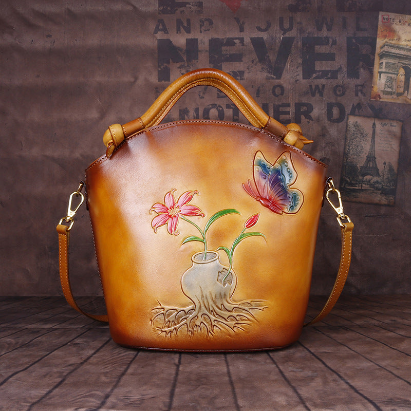حقيبة يد دلو من الجلد المنقوش بكتف واحد ومطلية يدويًا 26x14x31 سم