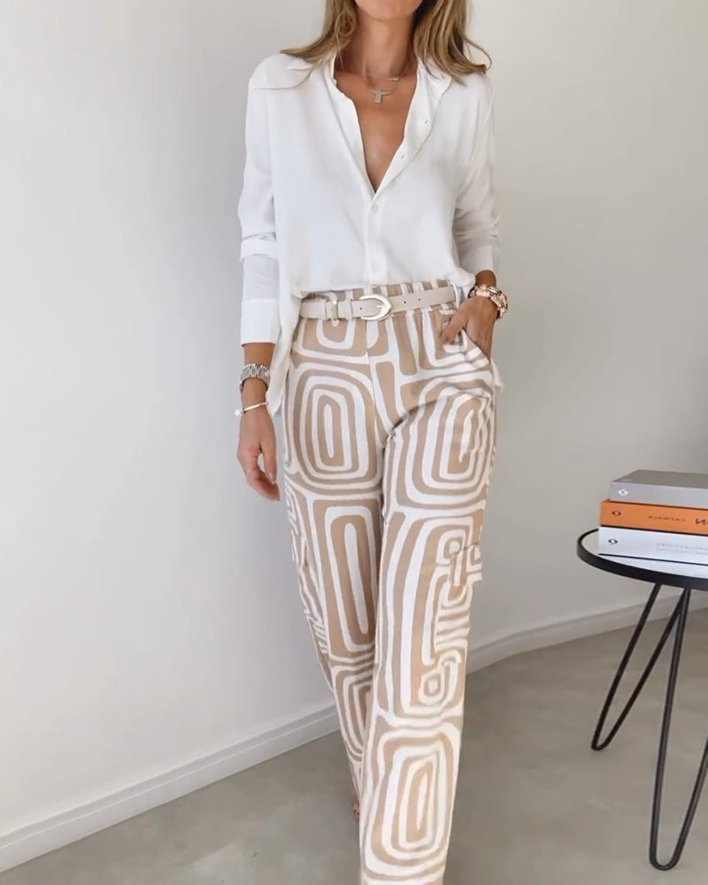 Ensemble chemise décontractée à manches longues et revers pour femme et pantalon ample imprimé