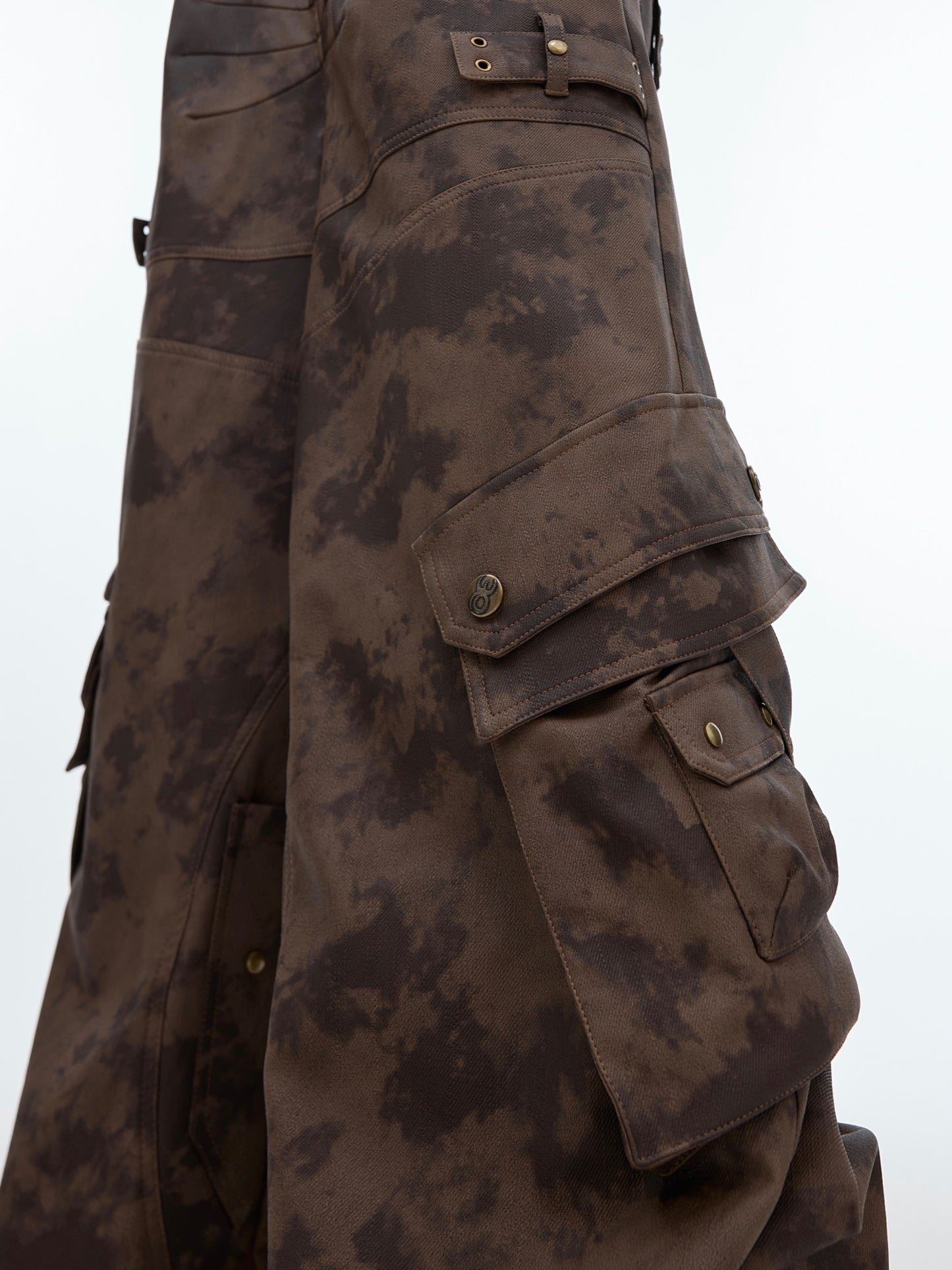 Niche Retro Distressed Blooming Heavy Multi-pocket Workwear Leather Pants