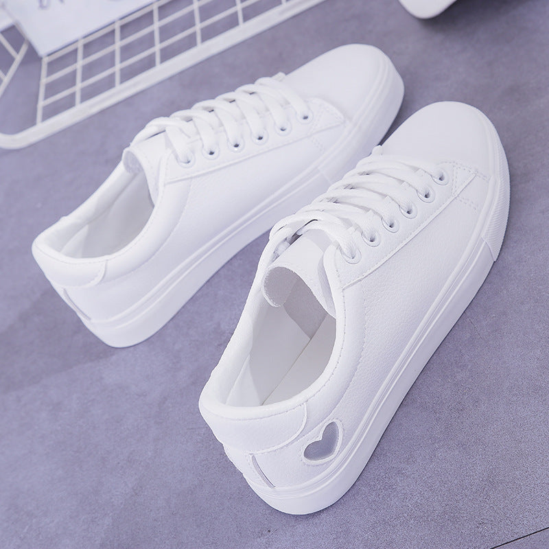Women’s PU Leather Heart Flats Casual Breathable White Sneakers
