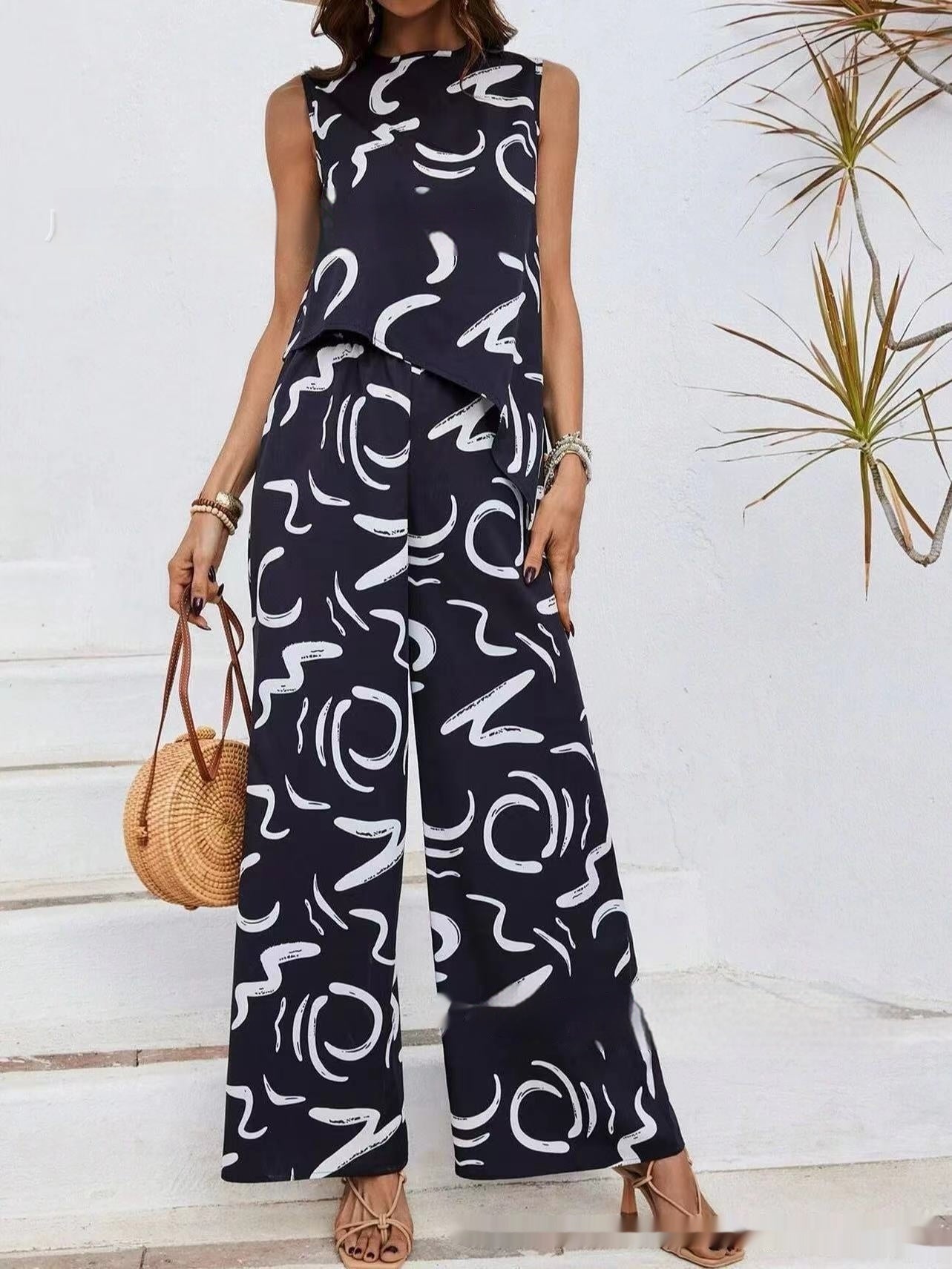 Women's Sleeveless Round Neck Top & Printed Pants Set Spring Summer