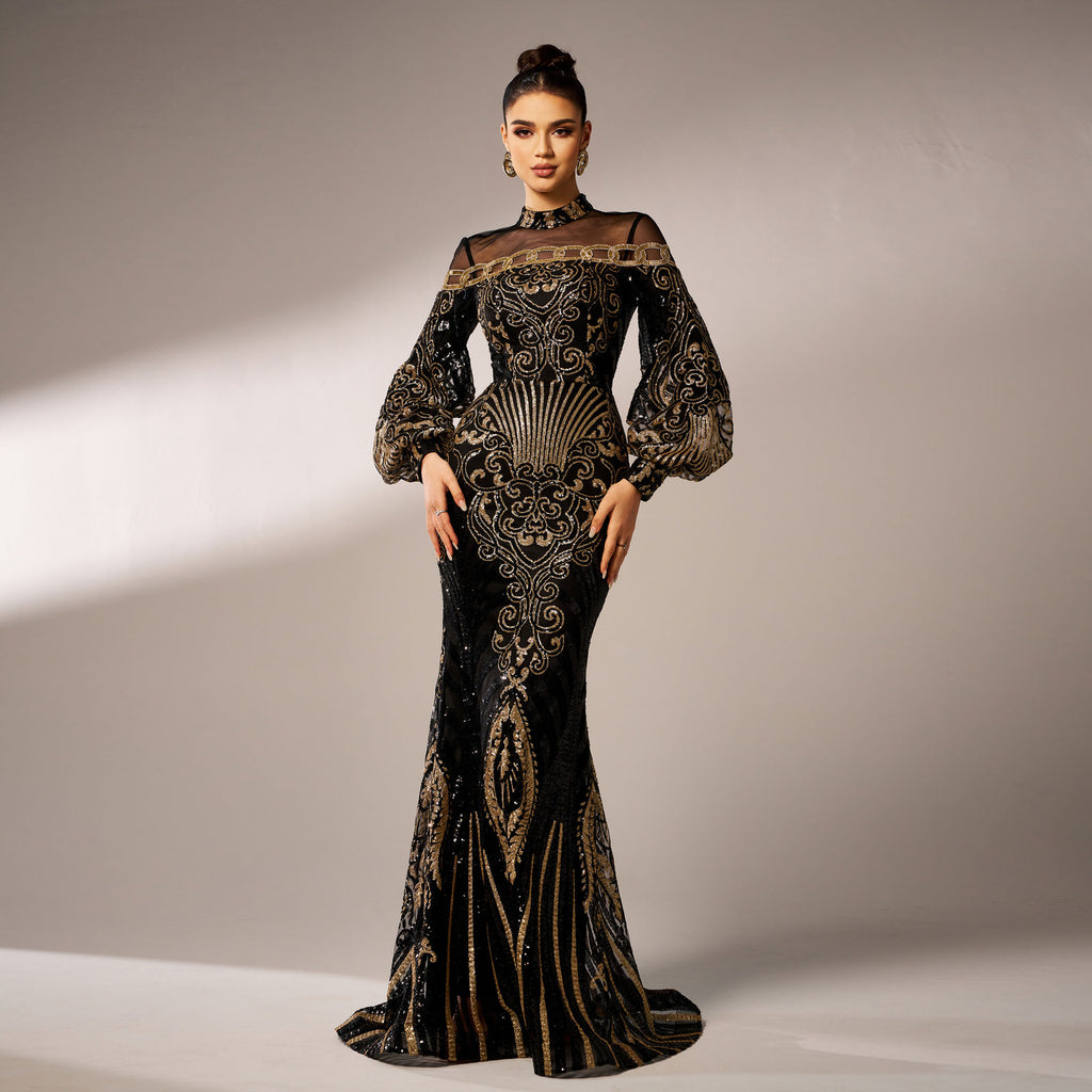 Robe de soirée sirène longue noire à manches longues, col rond et maille à paillettes