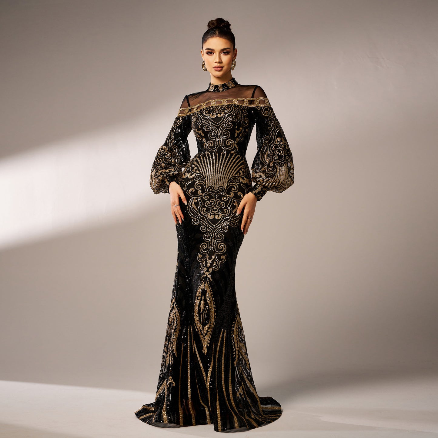 Long Sleeve Round Neck Sequins Mesh Fishtail Evening Dress