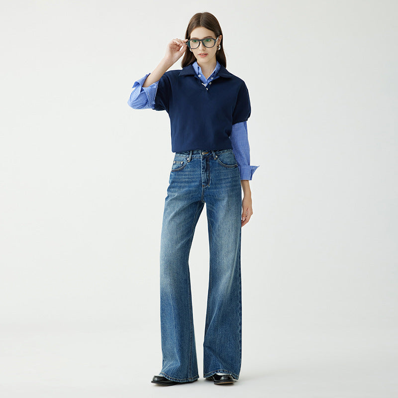 Women's Autumn High Waist Dark Gray-Blue Stretch Straight Jeans