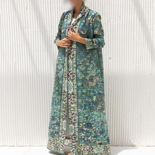 Pleated Trench Djellaba Printed Shawl Cardigan Ethnic Cloak Coat for Middle East Women
