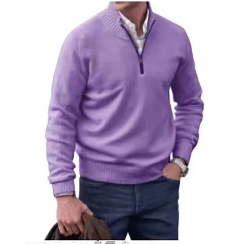Pull homme à col montant zippé, en maille, style décontracté, couleur unie.