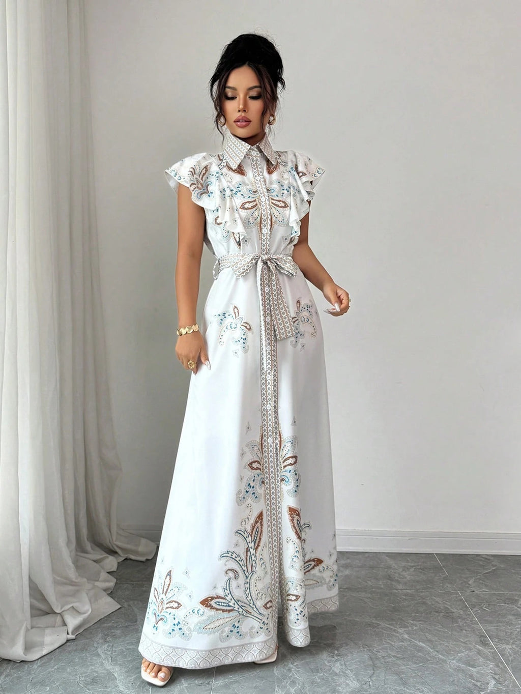 Robe mi-longue pour femmes du Moyen-Orient, imprimée rétro, à manches longues, taille cintrée et col montant