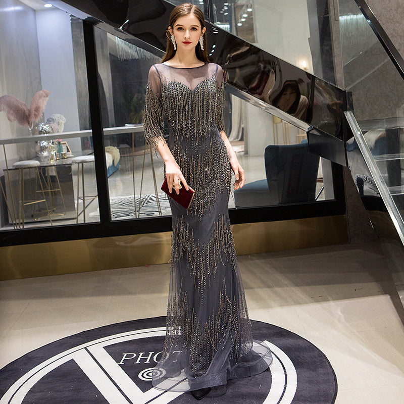 Temperament Hostess Evening Dress for Women with Pearl Beads and Zipper Detail