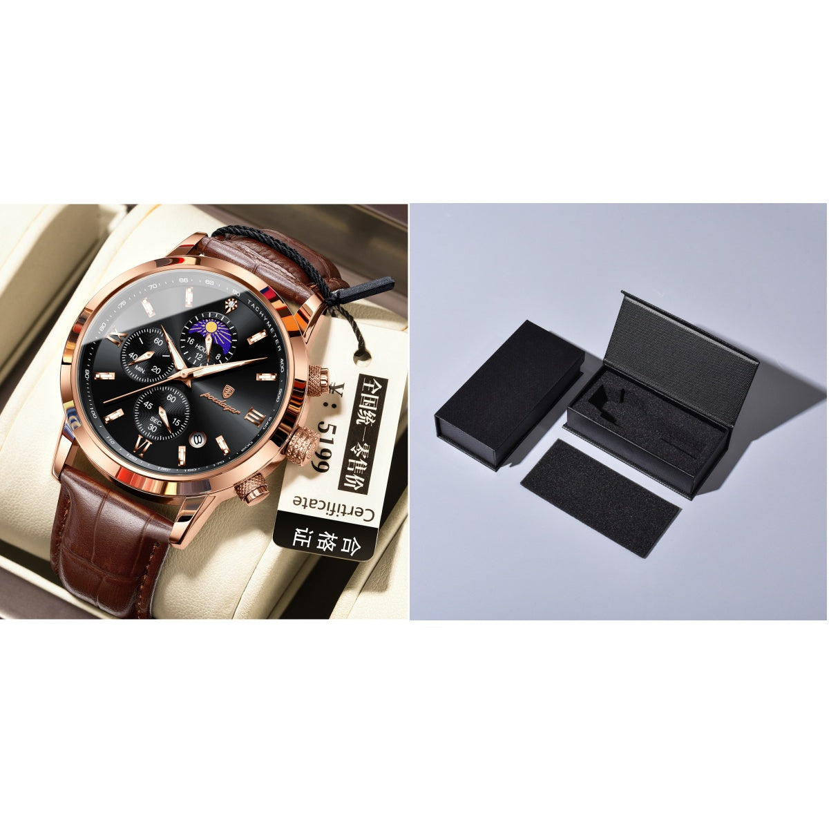 Montre pour homme avec phase de lune et chronographe multifonction