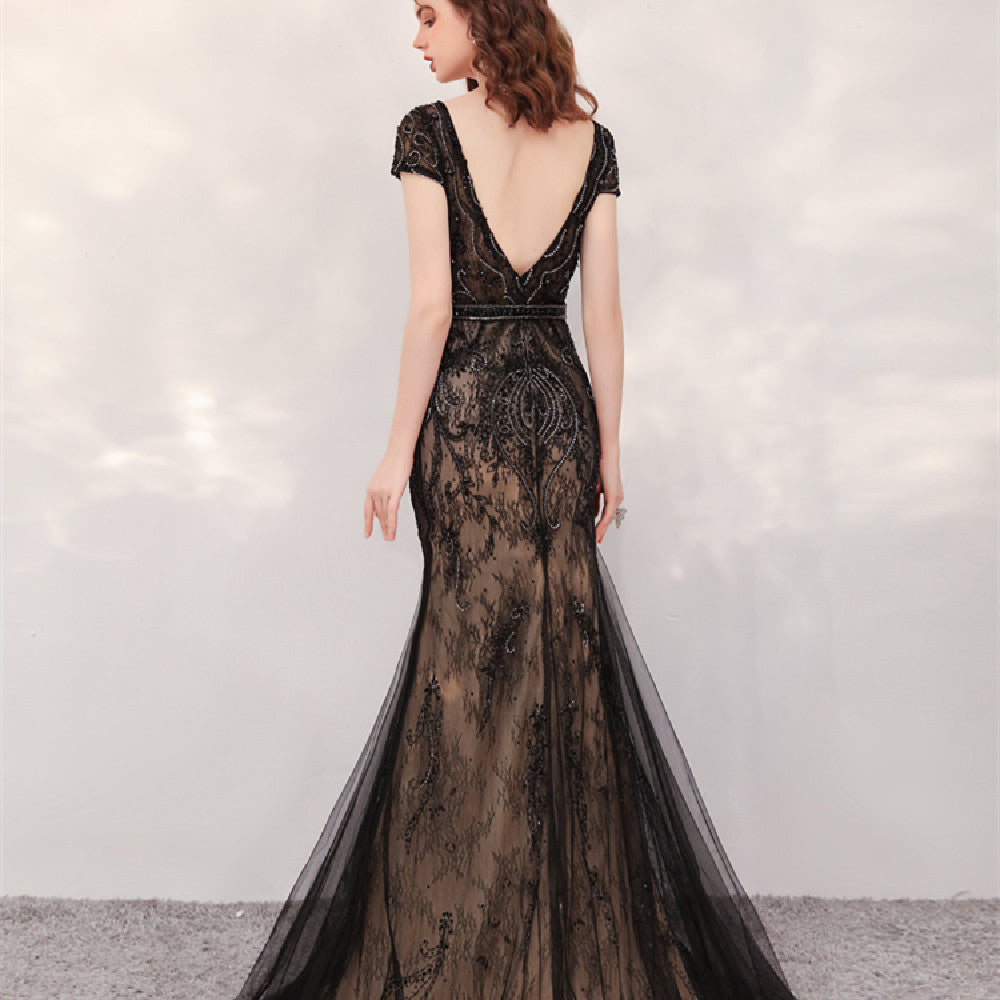 Atmospheric Korean Fishtail Long Dress with Zipper in Black Gold