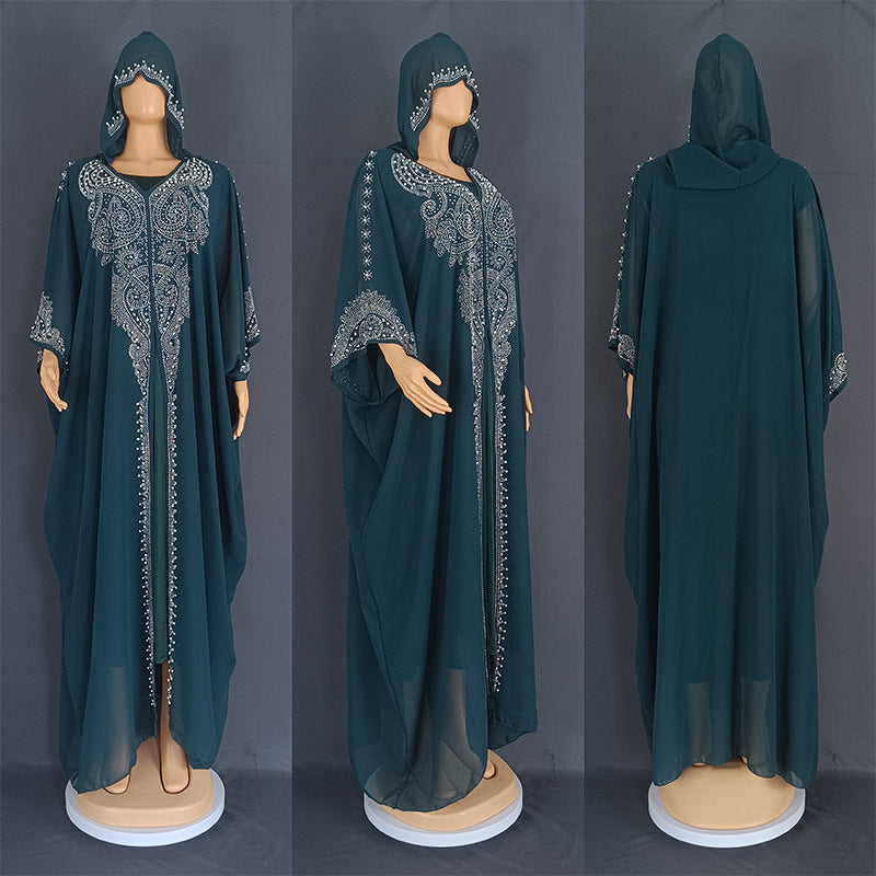 Rhinestone Beaded Muslim Hooded Long Gown Dress